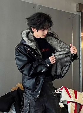 ZH连帽座山雕pu皮棉衣外套男款冬季加绒加厚保暖仿狼王毛领棉服女