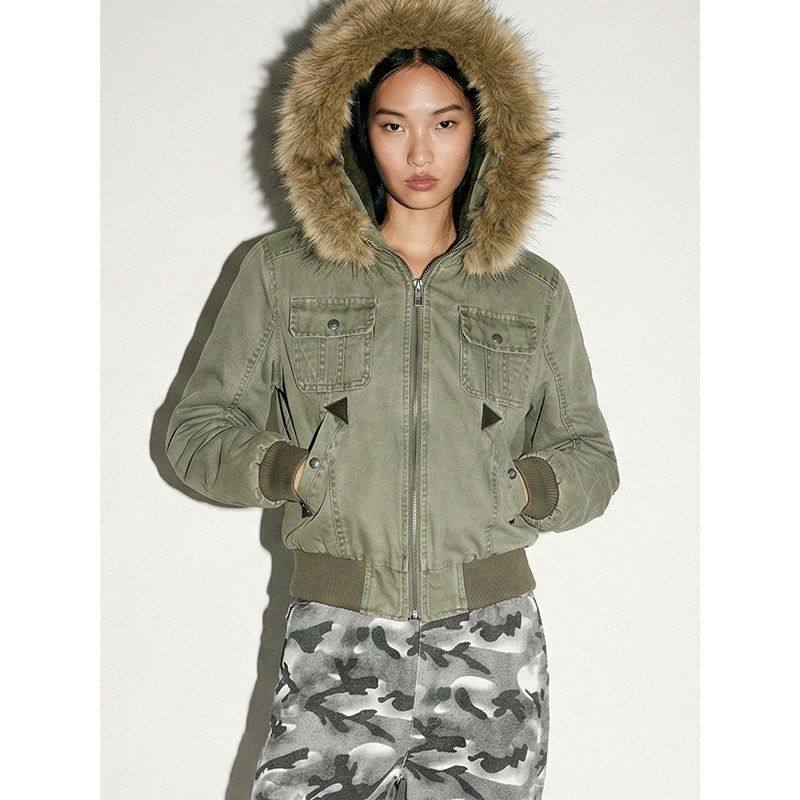 ZH深冬复古美式工装夹克毛领座山雕短宽廓形街头高级感外套男女