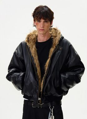 ZH座山雕高级感夹克棉服男冬季加绒加厚双面穿皮毛一体外套男潮