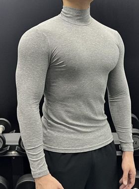 ZH高领长袖T恤男士肌肉健身训练紧身运动高弹力休闲打底衫上衣