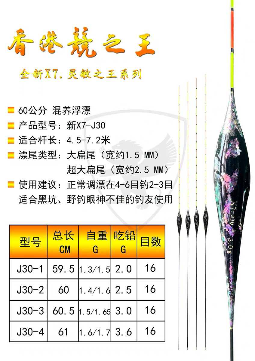 香港竞之王新X7-J30纳米60公分混养浮漂超大扁尾鱼漂鱼标清晰灵敏