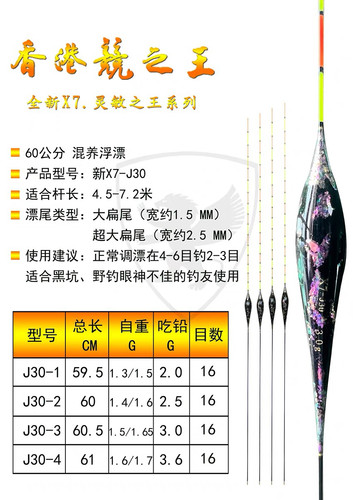 香港竞之王新X7-J30纳米60公分混养浮漂超大扁尾鱼漂鱼标清晰灵敏