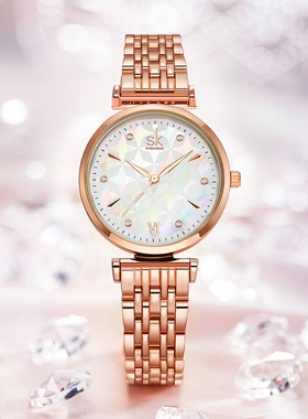 SHENGKE胜刻款女士手表七彩贝壳面时尚钢带石英水钻女表SK0136