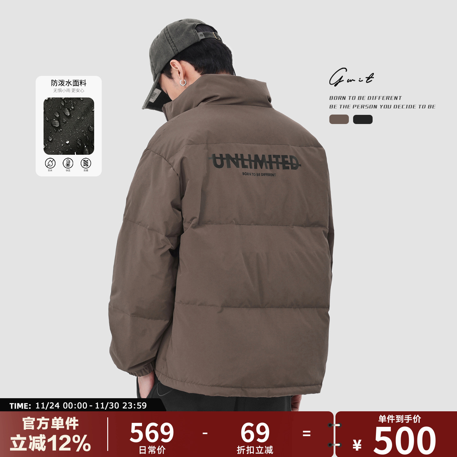 GWIT 90绒美式复古冬季面包服保暖外套户外短款潮牌加厚羽绒服男