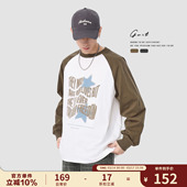 插肩撞色上衣长袖 复古星星喷墨印花春秋潮牌打底衫 T恤男 美式 GWIT