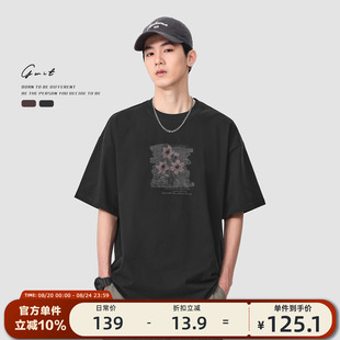 T恤男 GWIT 复古重磅国潮花卉印花夏季 体恤情侣半袖 潮牌纯棉短袖