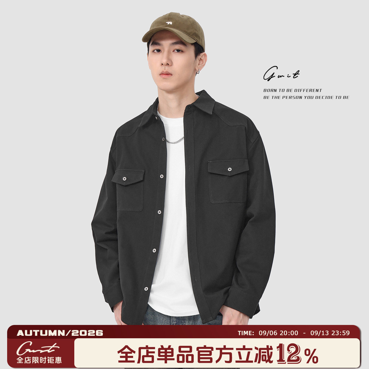 GWIT 美式复古上衣寸衫外套春秋长袖衬衣高街潮牌休闲工装衬衫男图片