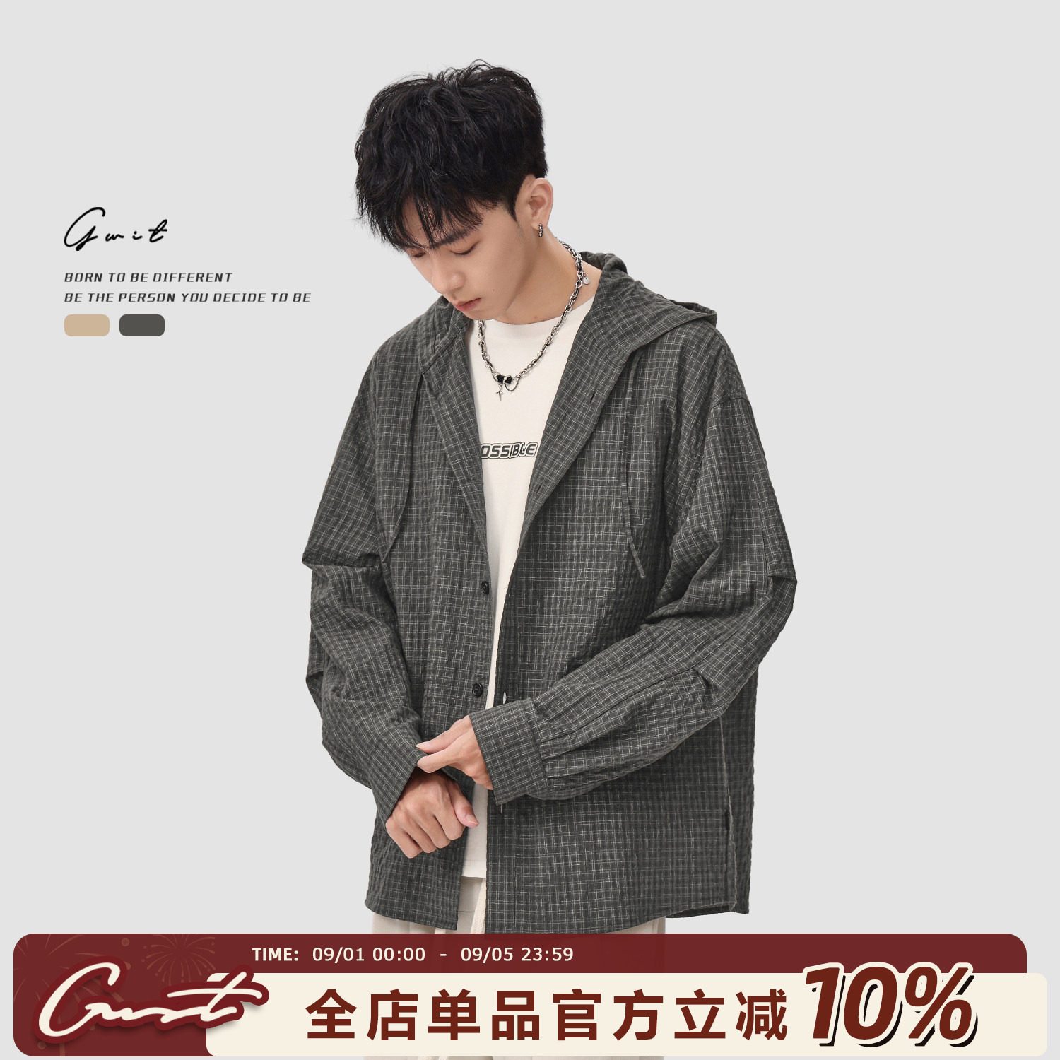 轻熟衬衣外套复古格子连帽衬衫图片