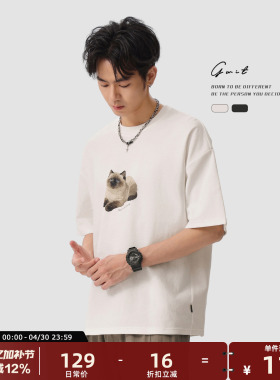 GWIT 重磅长绒棉半袖夏季廓形潮流情侣短袖T恤男潮牌猫咪油墨彩绘