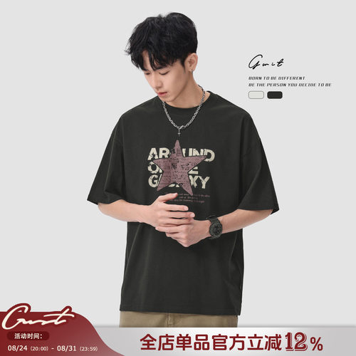 GWIT重磅复古印花夏季纯棉T恤男