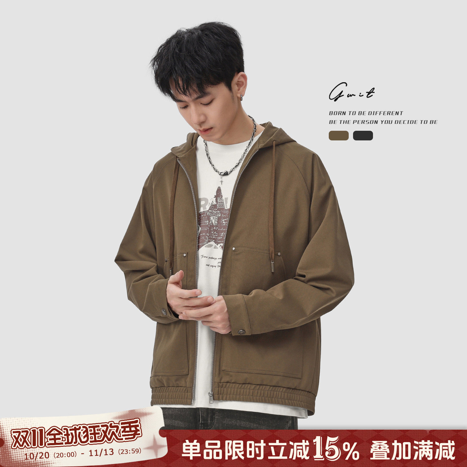 GWIT 美式复古cargo春秋美拉德休闲工装夹克松弛感上衣连帽外套男