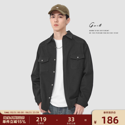 GWIT 美式复古上衣寸衫外套春秋长袖衬衣高街潮牌休闲工装衬衫男