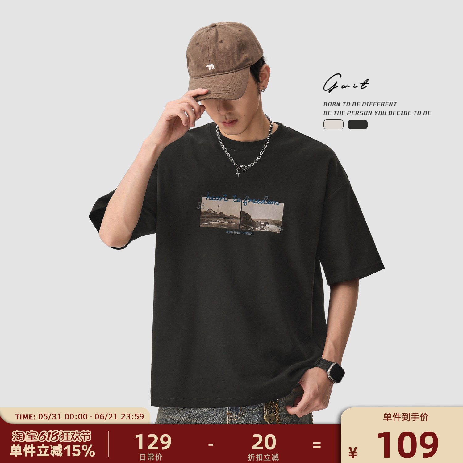GWIT 【孤礁灯塔】重磅长绒棉半袖夏季廓形短袖T恤男潮牌复古印花