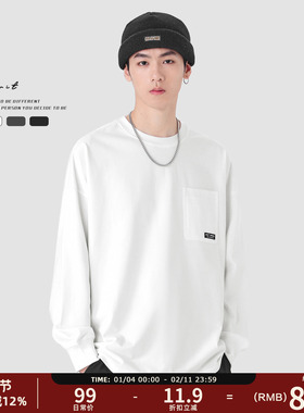 GWIT 美式重磅宽松春秋纯棉内搭口袋体恤打底衫圆领纯色长袖T恤男