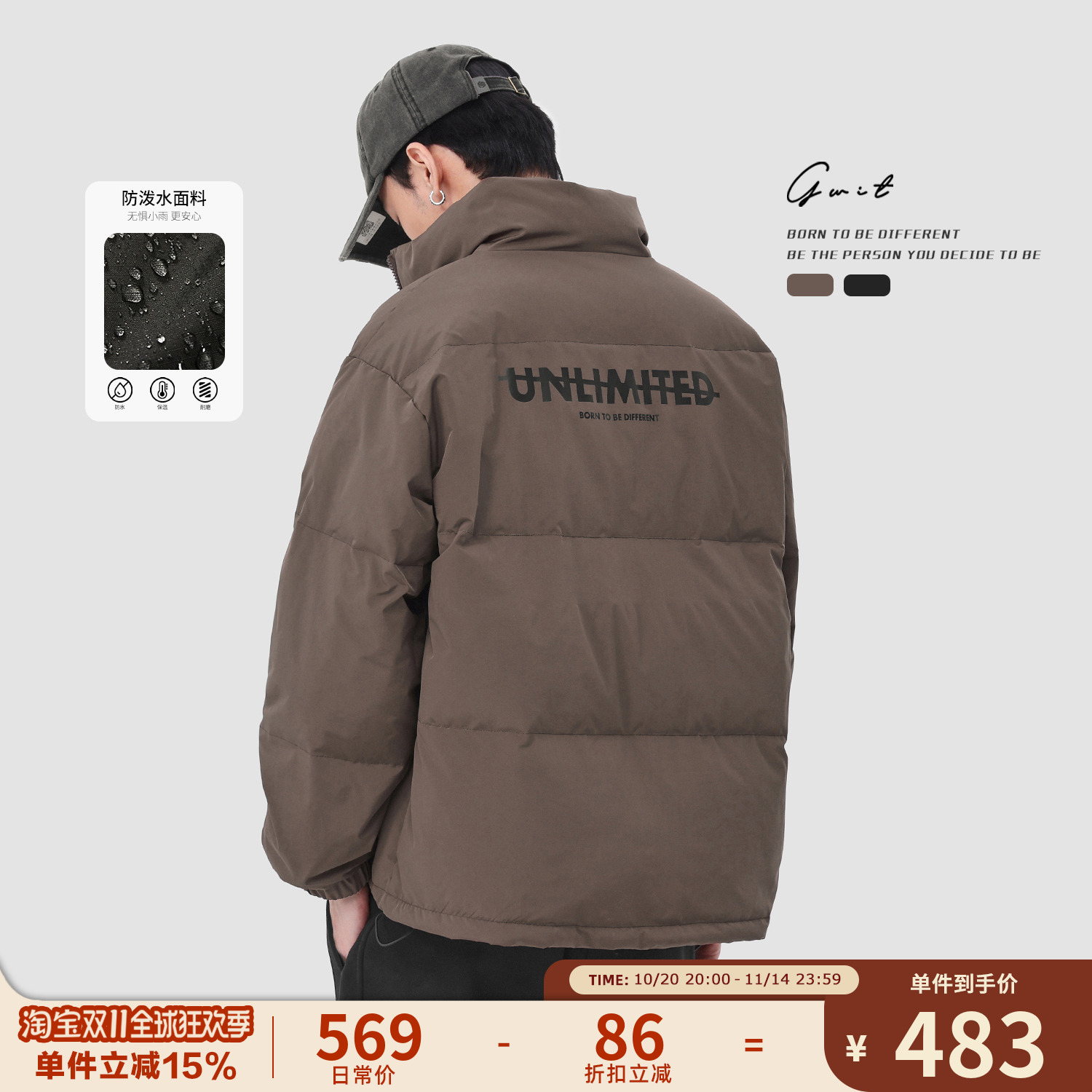 GWIT 90绒美式复古冬季面包服保暖外套户外短款潮牌加厚羽绒服男