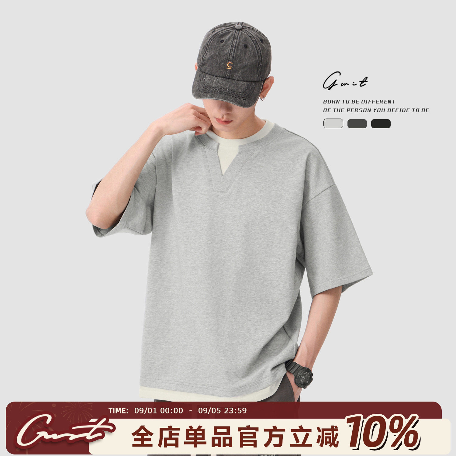 GWIT美式假两件半袖纯棉短袖T恤图片