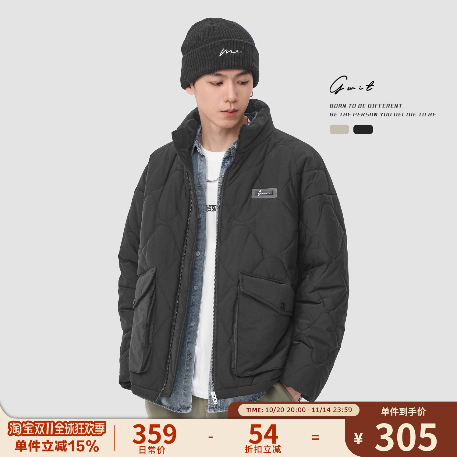 GWIT 美式复古菱形格棉衣冬季夹棉棒球服工装夹克潮牌外套棉服男