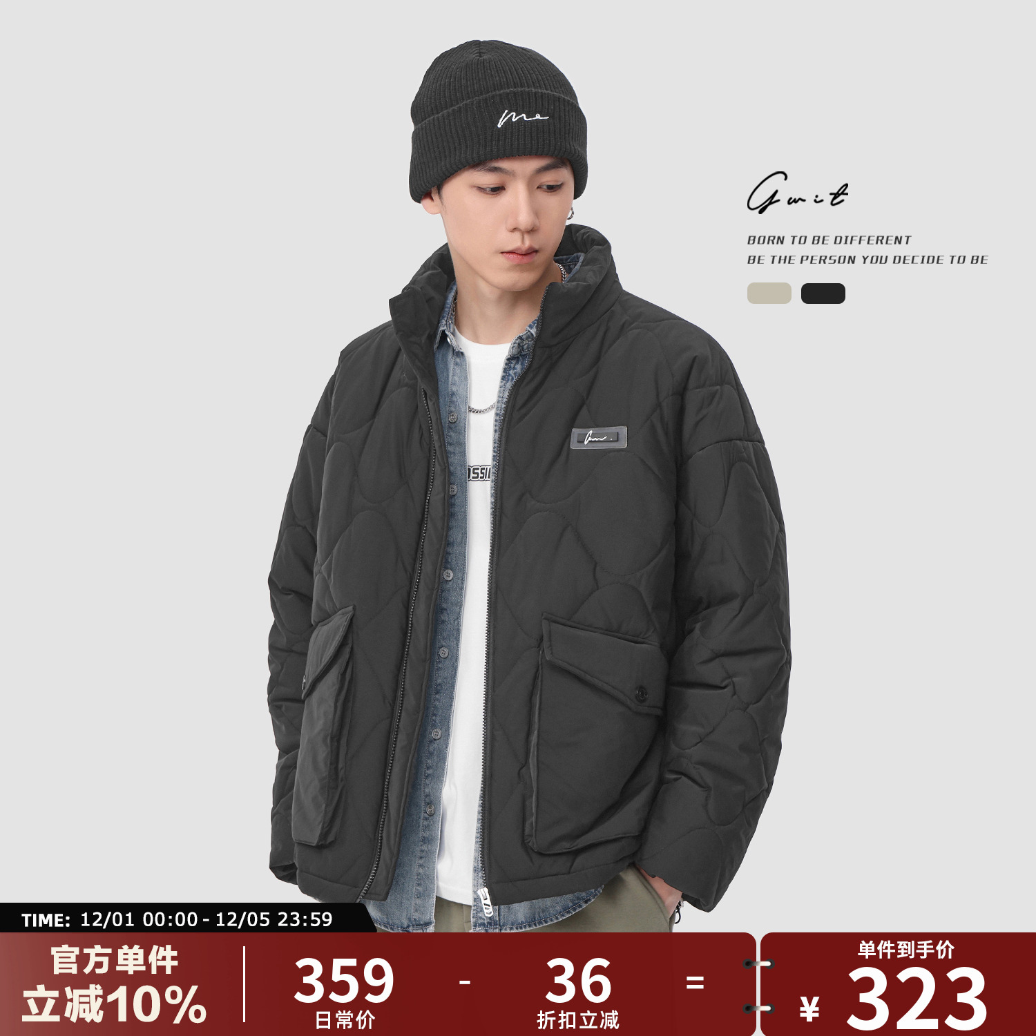 GWIT 美式复古菱形格棉衣冬季夹棉棒球服工装夹克潮牌外套棉服男