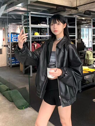 Black Pu Leather Jacket for Women, Trendy Brand, 2024 Spring and Autumn New Design, Versatile Short American Retro Jacket