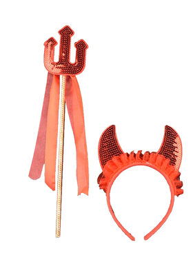万圣节道具恶魔角牛角两件套恶魔三叉牛叉儿童服装配小牛魔王套装