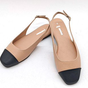 小香风撞色拼接一脚蹬凉鞋气质通勤玛丽珍女方头后空一字带单鞋