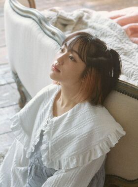 浮夸大娃娃领！MJ秋新款微弹舒适立体褶皱条纹宽松长袖中长款衬衫