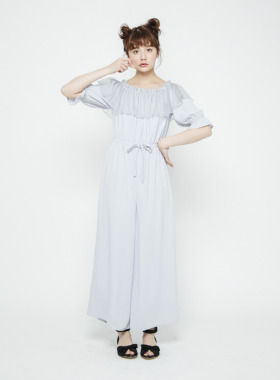 特价！春夏新款MJ拼纱松紧一字领露肩短袖雪纺高腰宽松阔腿连体裤