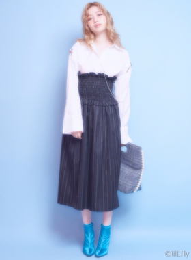 腿长2M！秋新款LILLILLY条纹TR面料大弹力收腰长款直筒型半身裙
