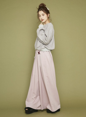 特价!夏秋新款MJ腰部丝绒绑带装饰高腰阔腿宽腿休闲长裤粉色女裤