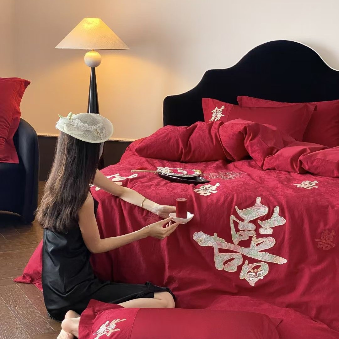 全棉立体提花长绒棉四件套磨毛纯棉红色结婚被套床单婚庆高档被套