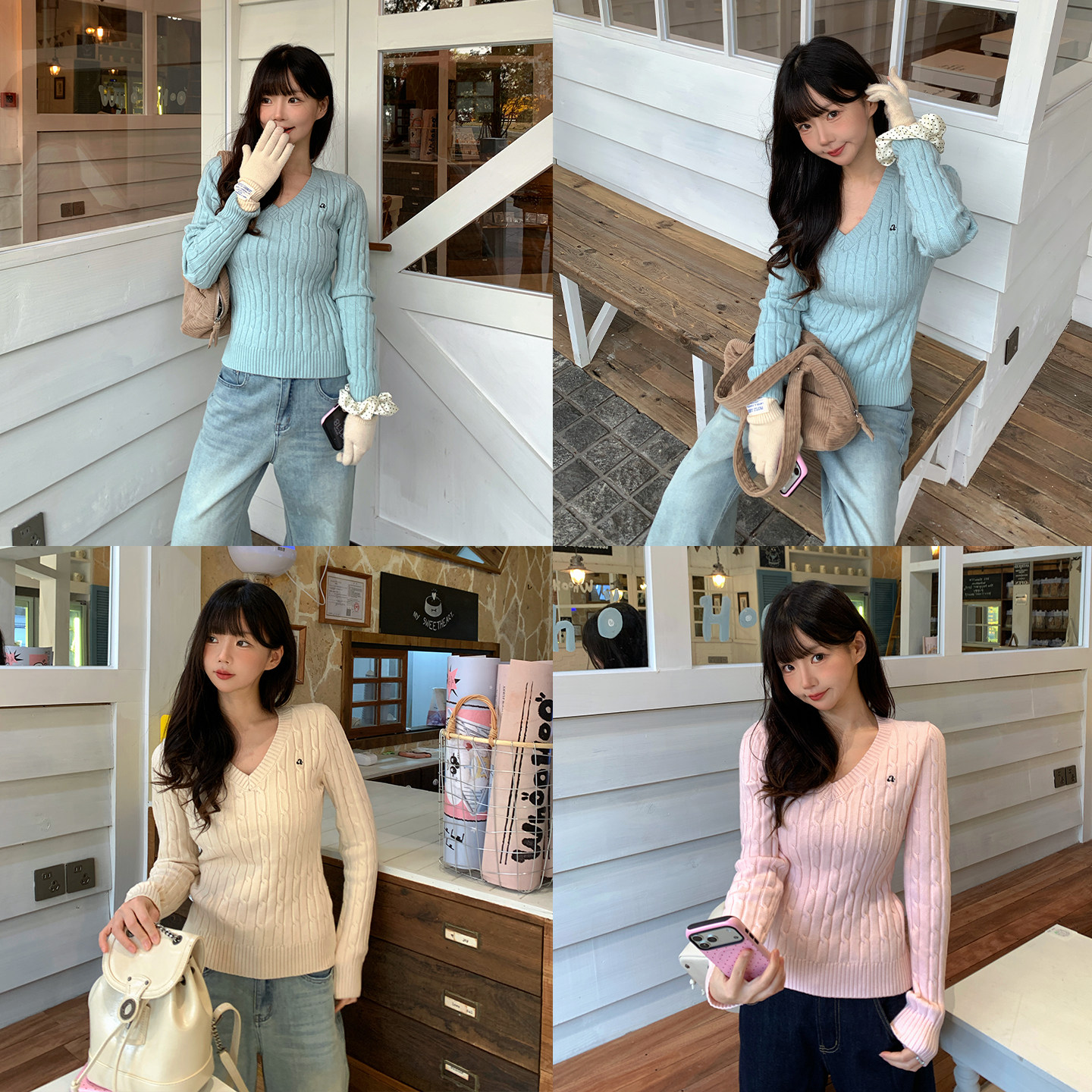 ANA宝藏珍妮 2025冬季新款韩系保暖修身慵懒三色麻花V领毛衣女生