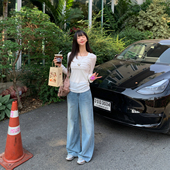 ANA宝藏珍妮 子女生 26春夏韩系设计竹节纹休闲宽松直筒蓝色牛仔裤