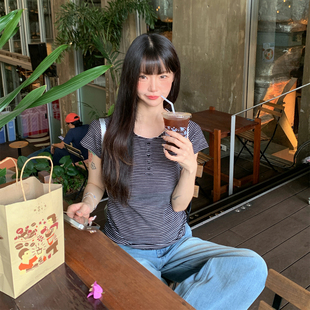 上衣T恤女生 春夏韩系大圆领黑白条纹短袖 ANA宝藏珍妮 灰调松弛