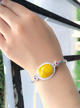 925纯银韩版时尚手镯托蜜蜡松石