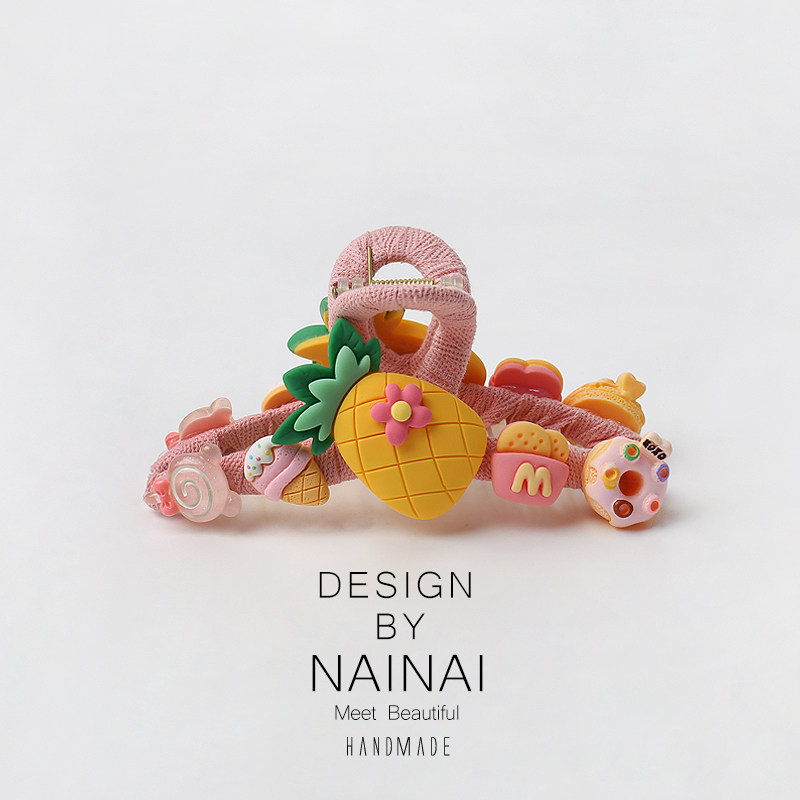 萌趣绕布曲奇饼干水果抓夹甜品鲨鱼夹可爱后脑勺盘发抓简约发饰品