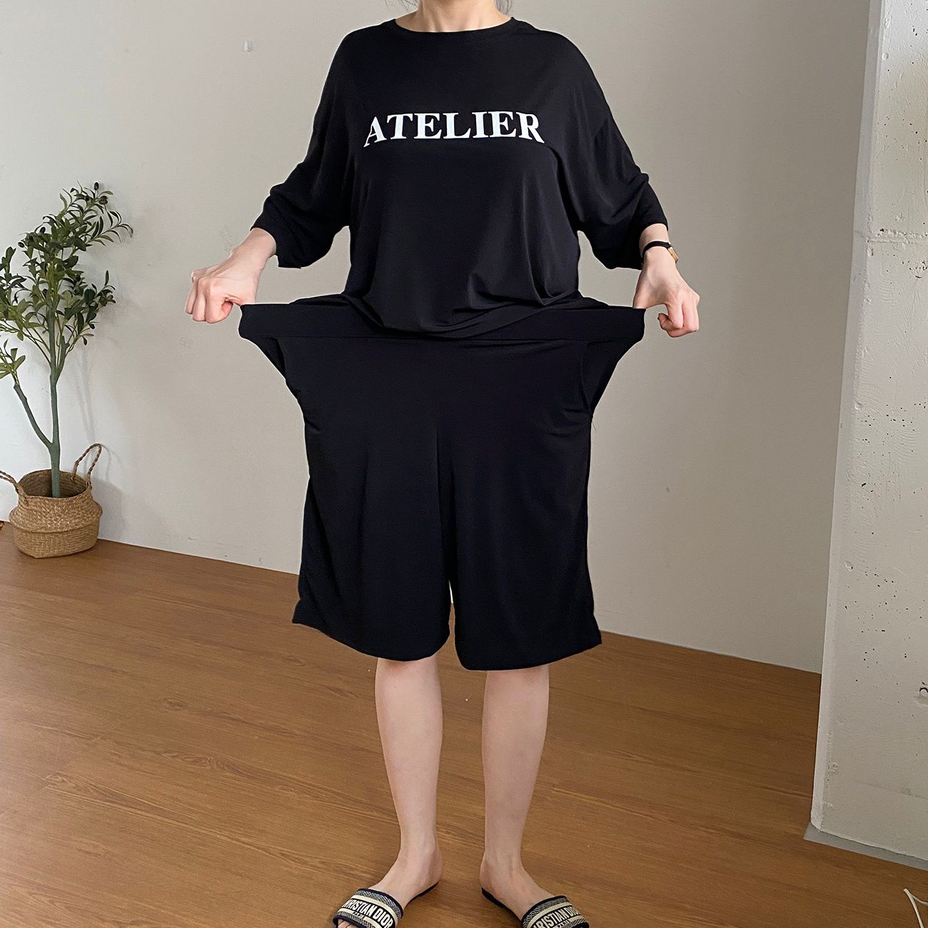 韩国代购大码女装2025夏季新款运动字母宽松T恤+五分短裤两件套装