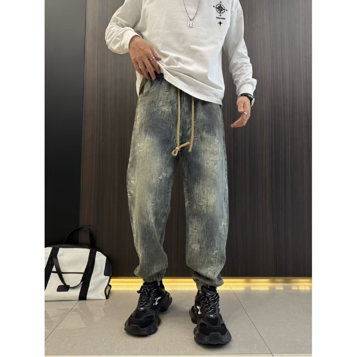 美式复古痞帅男士束脚牛仔裤