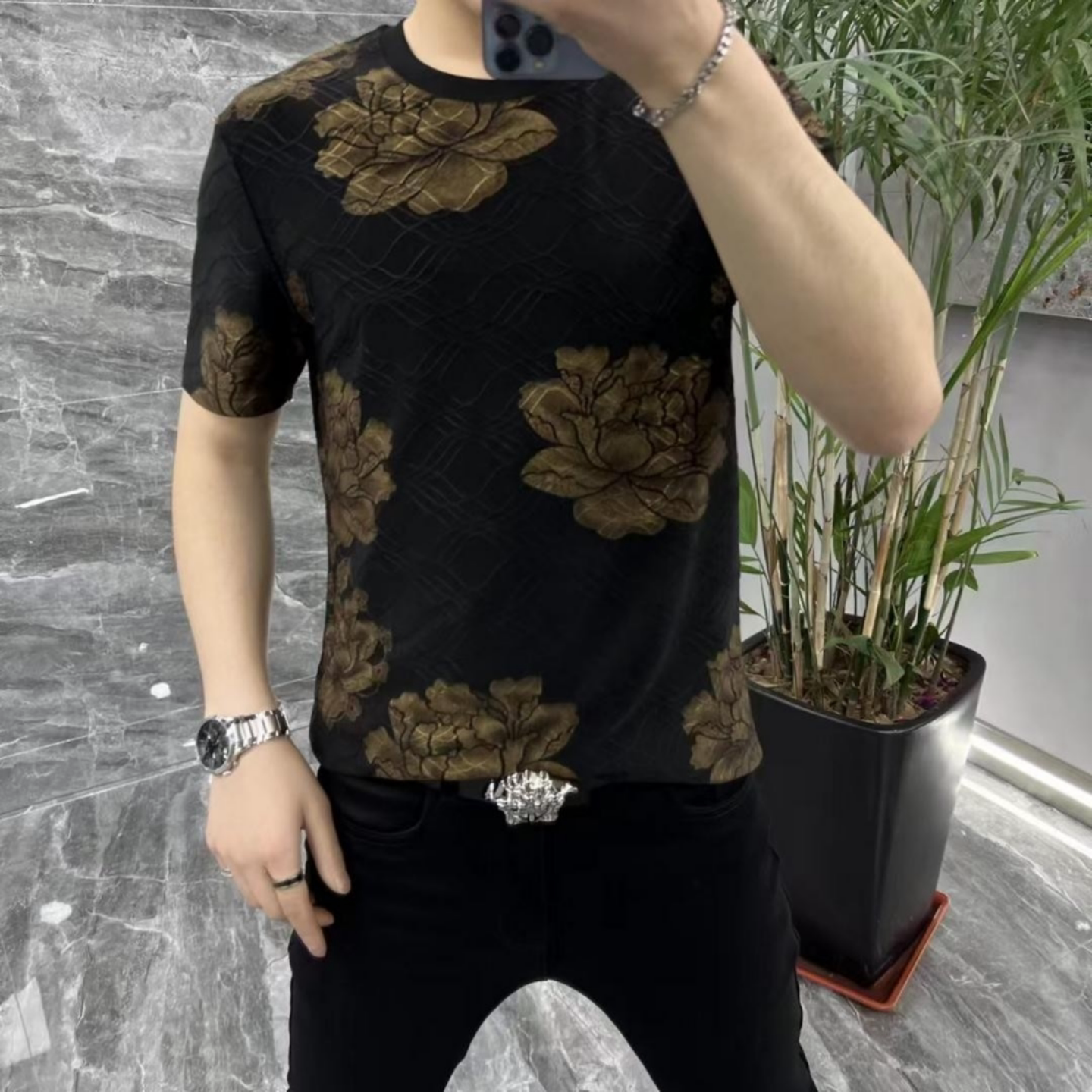 夏季男士轻奢圆领短袖大花T恤