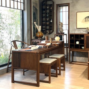 乐木新中式 实木书桌黑胡桃木茶桌画案书桌茶室写字台家具组合