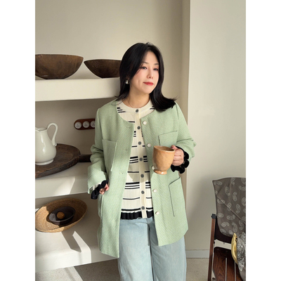 VOGANA戛纳家大码女装老钱风千金大小姐宽松显瘦休闲编织呢外套春