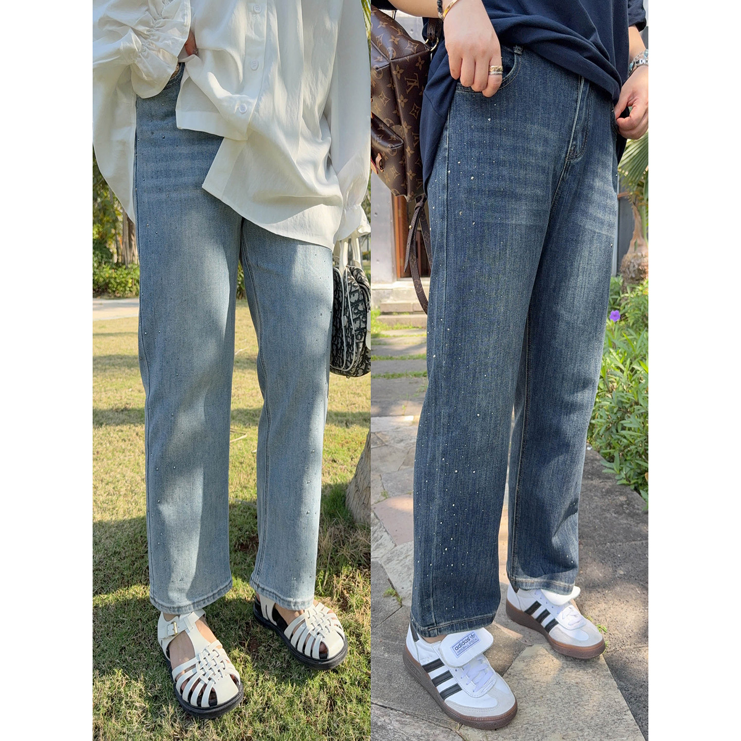 VOGANA戛纳家大码女装时髦bling满天星牛仔裤春显瘦弹力棉直筒裤