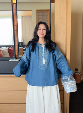vogana戛纳家大码女装西雅图法式度假风刺绣花流苏绑带一字领衬衫