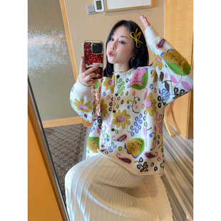 VOGANA戛纳家大码女装节日复古花卉双面毛巾绣针织保暖毛衣开衫冬