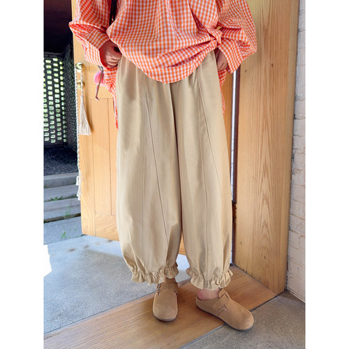 VOGANA戛纳家大码女装酷飒灯笼裤秋减龄木耳边宽松显瘦高腰直筒裤