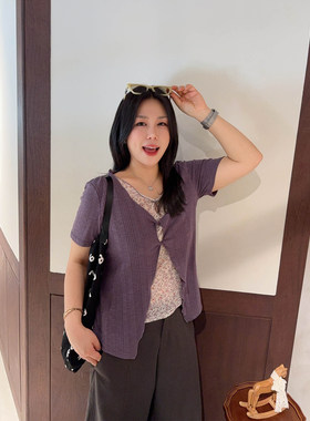 VOGANA戛纳家大码女装纯欲减龄韩系收腰短袖假两件拼网纱上衣t恤