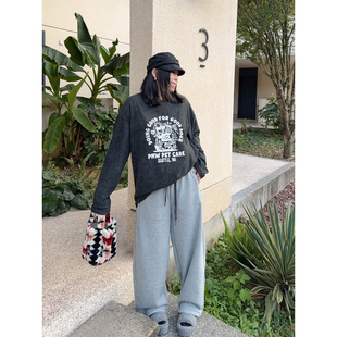 减龄印花t恤冬 软糯毛巾棉厚实亲肤宽松长袖 VOGANA戛纳家大码 女装