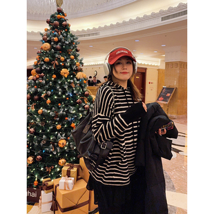 vogana戛纳家大码 原创韩系休闲慵懒感温暖绵羊毛条纹连帽毛衣冬