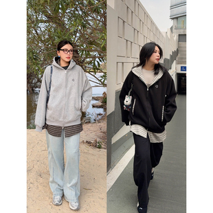 VOGANA戛纳家大码女装美式休闲慵懒时髦假两件宽松显瘦卫衣外套春