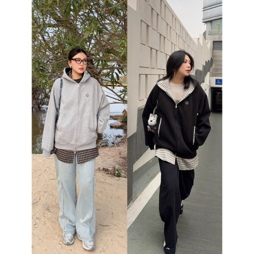 VOGANA戛纳家大码女装美式休闲慵懒时髦假两件宽松显瘦卫衣外套春