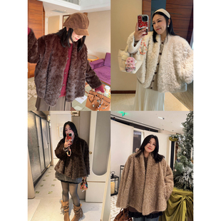 VOGANA戛纳家大码 千金糯叽叽环保皮草廓形V领显瘦保暖厚外套 女装